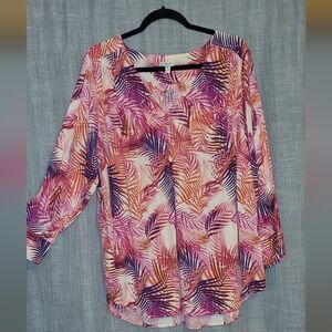 Como Blu Woman 2X Colorful Leaf Print Blouse W/silver Highlights